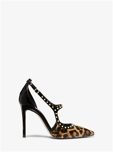 Ava Studded Leopard Calf Hair and Patent Leather Pump